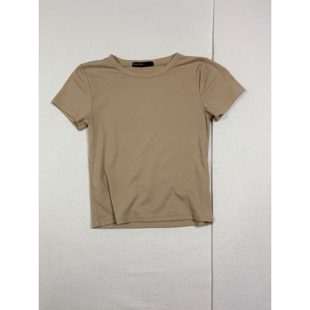 Brit & Bri Womens Ribbed Short Sleeve Crew Neck Tee Tan Beige Small
